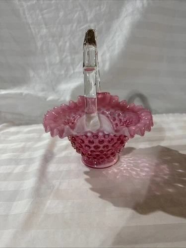 Vintage Fenton Glass Cranberry Opalescent Hobnail Ruffled Basket 8.25" Tall USA