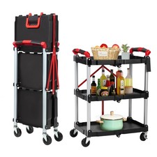 3 Tier Folding Utility Cart Collapsible Rolling Cart with Lockable Wheels 167 lb