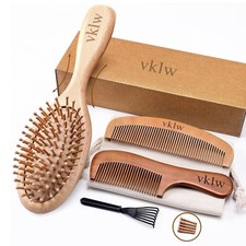 One-piece Wooden Paddle Hairbrush and Comb Set with Cleaning Claw, 5 Wood