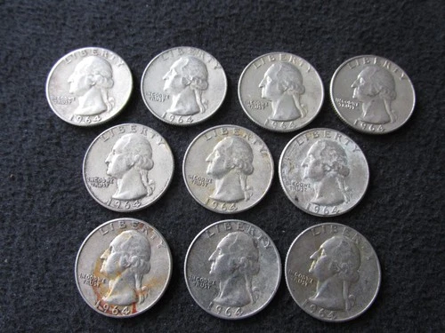 Silver Washington Quarters Lot of 10. 1964 90% Silver