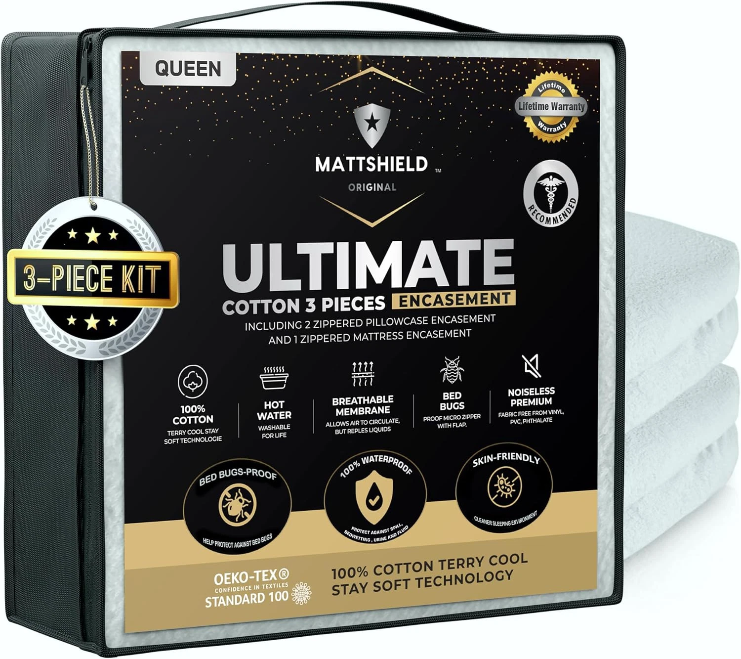 MATTSHIELD Ultimate 3-Piece Kit - Bed Bug-Proof Mattress Cover Queen Size 100% C