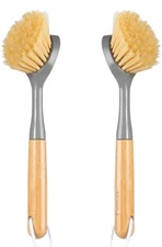 2 Pack Dish Brushes with Bamboo Handle, Kitchen Dish Scrubber Built-in Scrape...