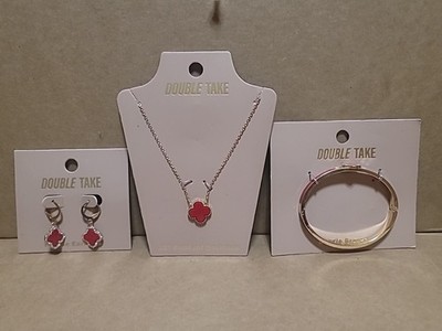 Necklace - Earrings - Braclet- Quatrefoil Charm Pendant Red Main Stone - New