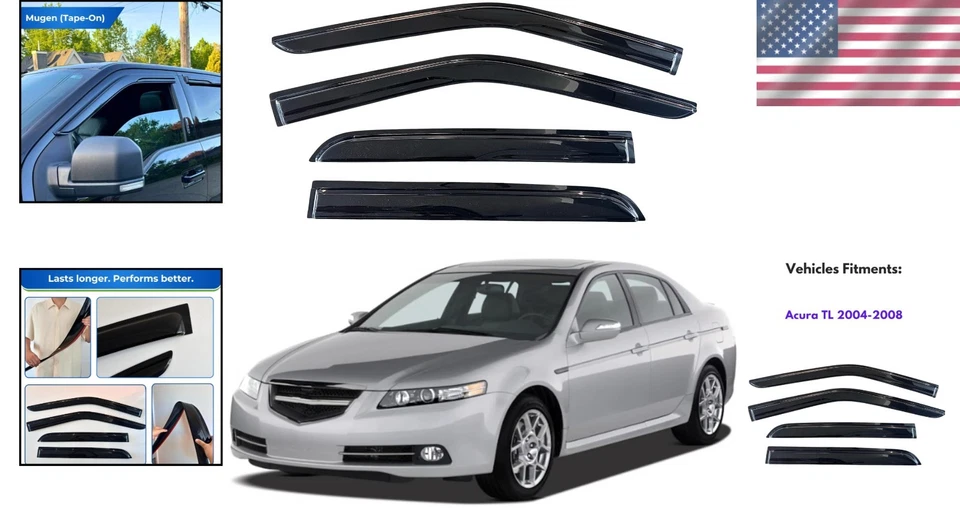 4PC Acura TL 2004-2008 Window Visor Rain Guards, Dark Tinted Mugen Style - Изображение 2 из 4