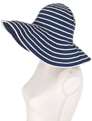 DAVID & YOUNG Striped Floppy Wide Brim Navy & White Beach Sun Hat Packable OSFM