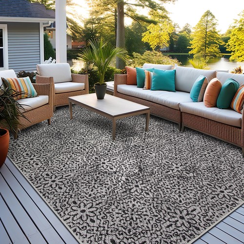 Rugshop Outdoor Carpet Modern Flowers Weather Resistant Reversible Patio Rug 5x7 - Picture 8 of 10