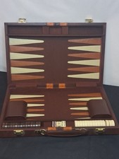 Vintage 15" Backgammon Travel Set Briefcase Faux Leather Brown Case Portable