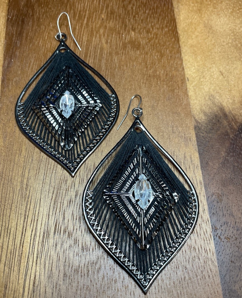 Black Boho Statement Earrings Large Silver Tone T… - image 1