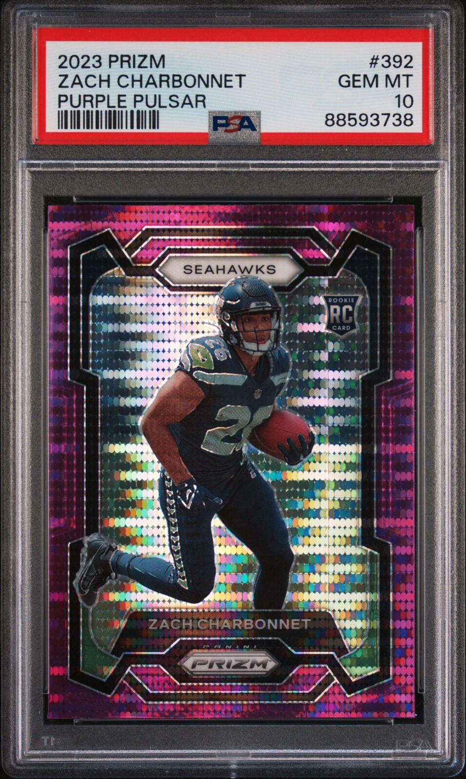 Zach Charbonnet 2023 Panini Prizm Football #392 Purple Pulsar RC Seahawks PSA 10