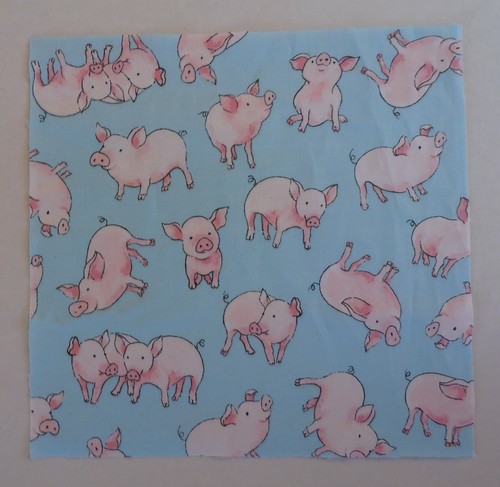 Pink Pigs on Blue Background Fabric Cotton 1 Square of 10" x 10 1/8" - Picture 2 of 2