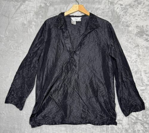 Max Mara Pura Seta Blouse Womens 14 Black 100% Silk V Neck Long Sleeve Top