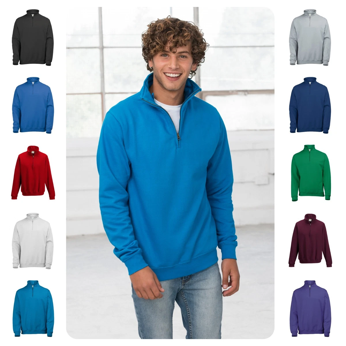 Mens 1/4 Zip Neck Sweat Half Zip Cadet Collar Sweatshirt Top 12 Colours S - 2XL