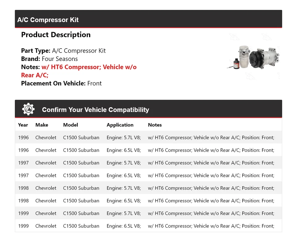 Kit de compresor de aire acondicionado delantero 4 estaciones 1997 para Chevrolet C1500 Suburban 1996-1999 Foto 2 de 4