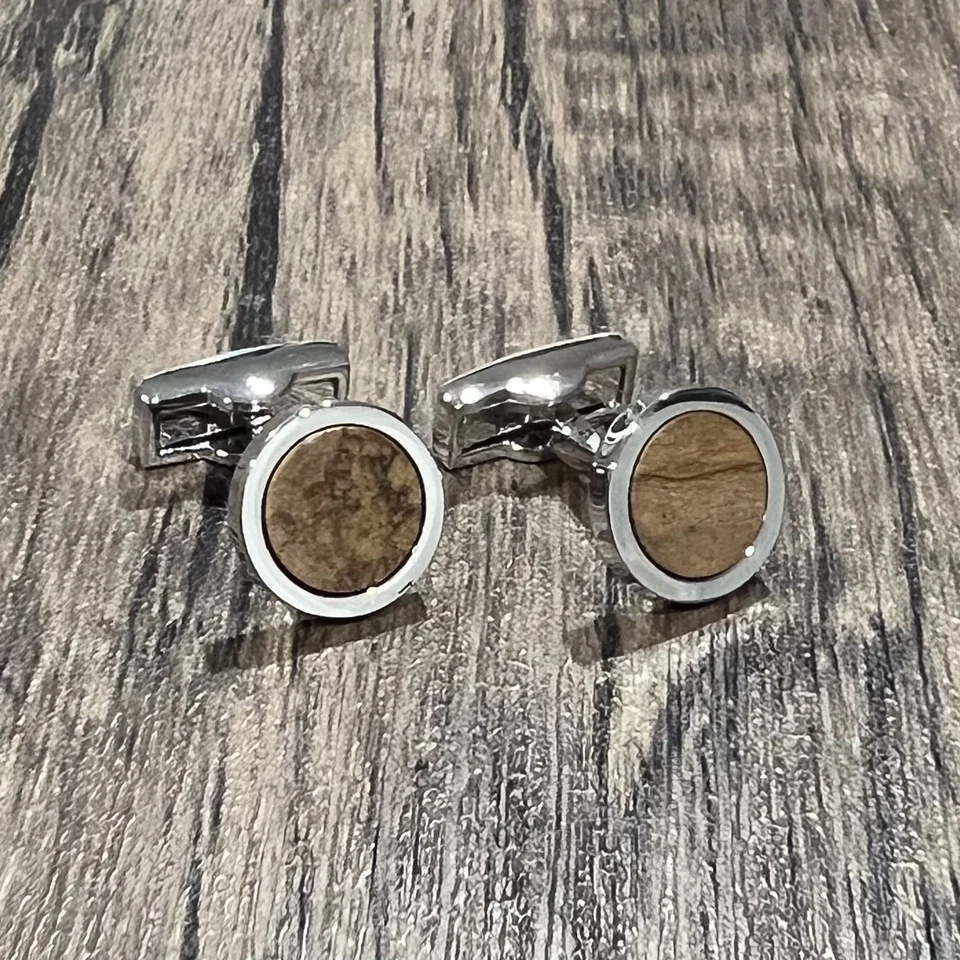 Gemelos redondos de piedra marrón para hombre cumpleaños boda regalo gemelos en caja Foto 3 de 4