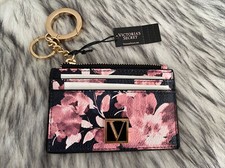 Victoria Secret Astuccio Porta Carte di Credito Portachiavi Charm Portamonete Nero NIGHT BLOOM