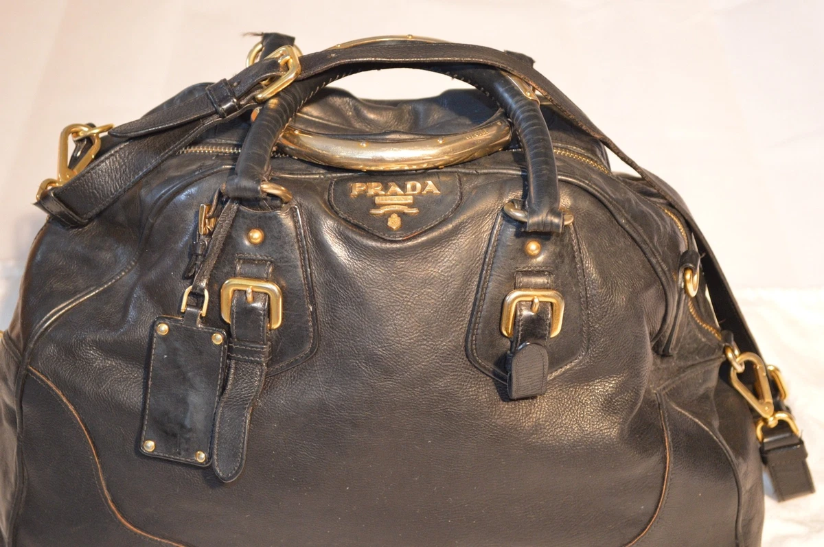 Prada Black Leather / Gold Detail Large Zip Shoulder Strap Weekend Bag  Handbag