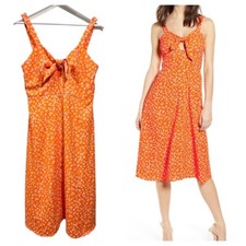 JOA Just One Answer Midi Dress Size L Orange Floral  Sleeveless Tie Bow Front