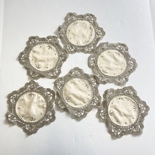 Set of 6 Doilies With Cloth Centers Gray Hand Crochet Lace Petal Edges 8"