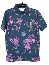 All in Motion Mens S Teal Blue Floral Print Textured Polo Short Sleeve Shirt