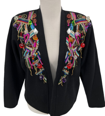 Diane Freis Knits Beaded Jeweled Jacket Black Evening Womens Size