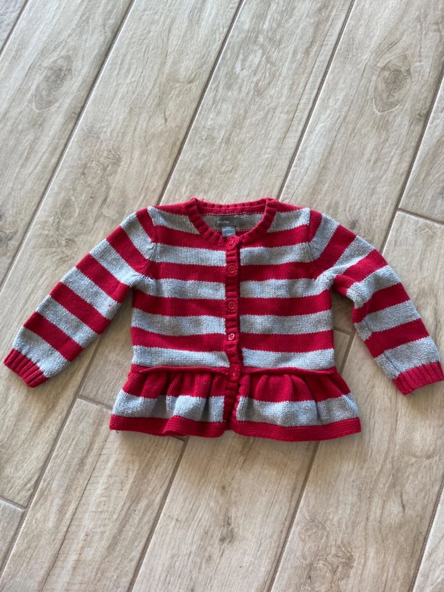 Baby Gap Girls 12 18 Months Red Gray Striped Heart Cardigan Sweater Ruffle Waist
