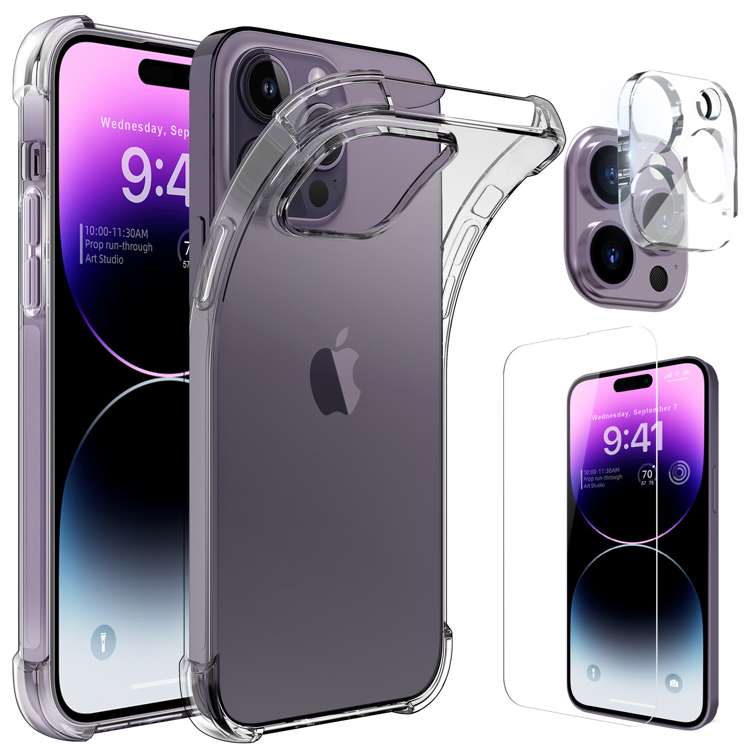 For iPhone 14 15 Pro Max,Plus Clear Case Silicone Cover, Screen & Lens Protector