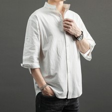 Men Cotton Linen 3/4 Sleeve Shirt Japanese Casual Loose Stand Collar Blouse Tops