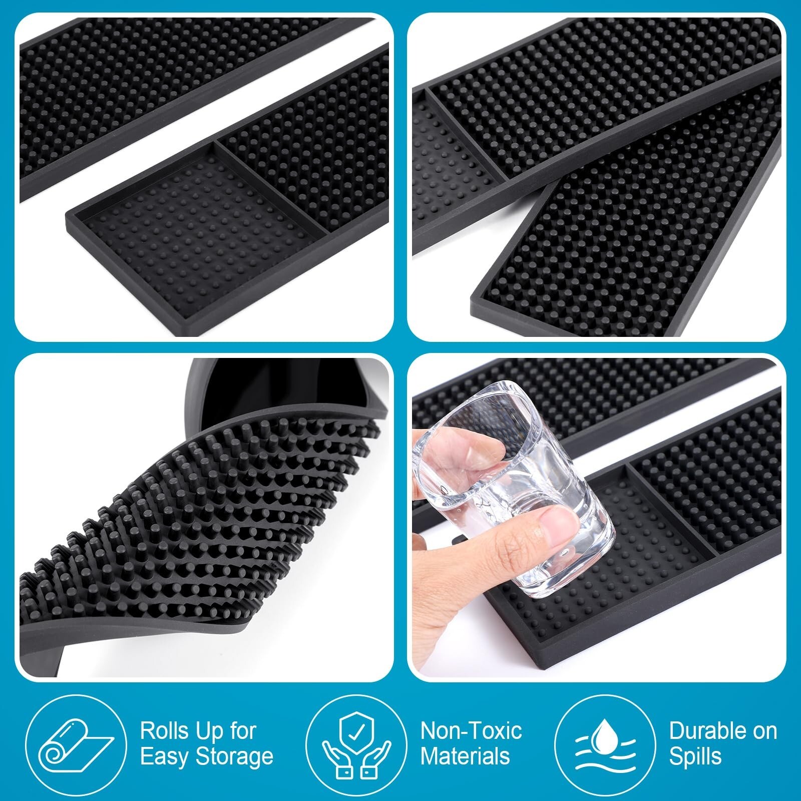 4 Pcs Rubber Bar Mat Black Bar Spill Mat Thick Durable and Stylish Coffee Bar...