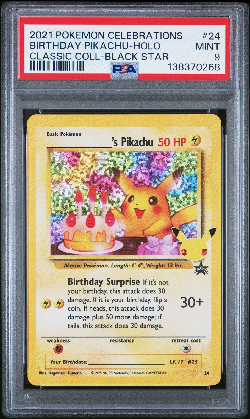 2021 POKEMON CELEBRATIONS CLASSIC COLL #24 BIRTHDAY PIKACHU-HOLO PSA 9