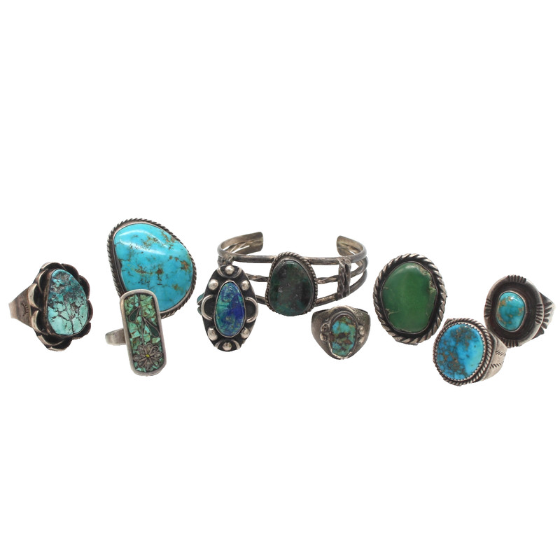 Vtg Southwest Style Silver Turquoise Jewelry Cuff Bracelet Rings Lot of 9 SW-27