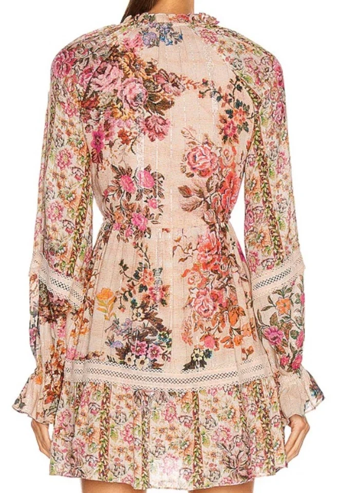 NUEVO SIN ETIQUETAS Hemant and Nandita Melocotón Floral Metálico Kilim L/S Mini Vestido Talla Grande NUEVO Foto 4 de 4