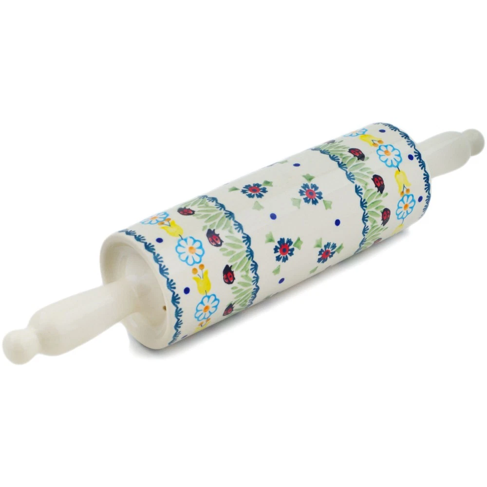 Polish Pottery Rolling Pin 15" Flowers And Ladybugs