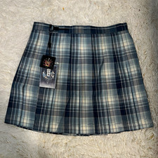 Girls Plaid Pleated Skirt Blue/Gray/White Size M Short Woven Zip Polyester