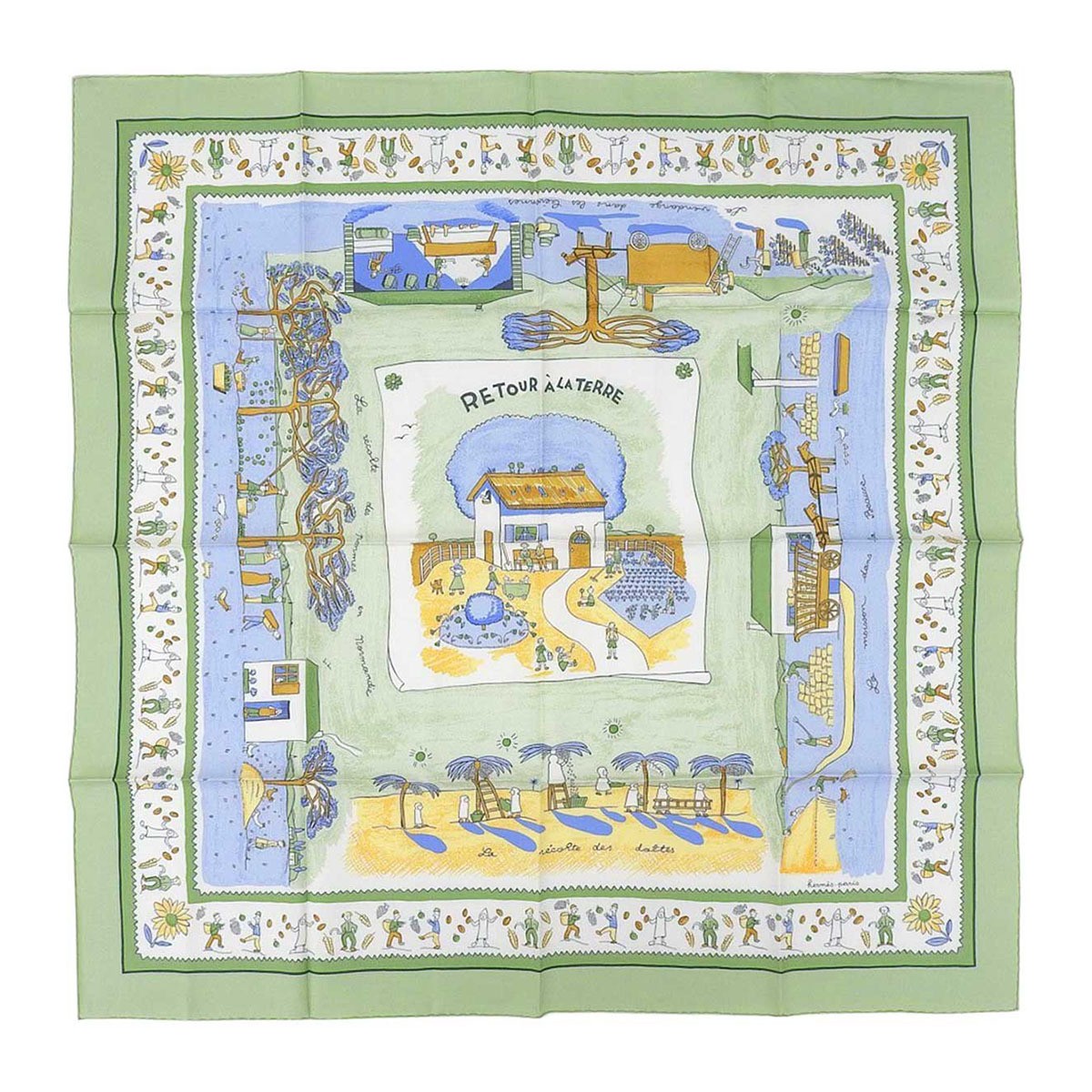 HERMES Carré 90 Re Tour a la Terre Unisex Scarf Green Returning Home Design