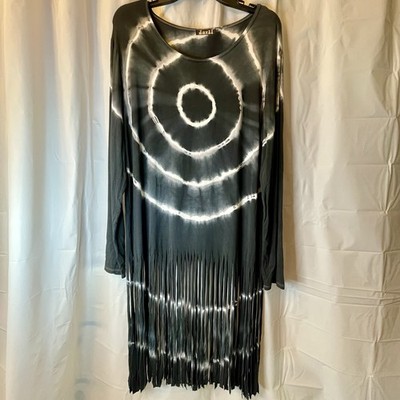 Jayli Women Sz L Tunic Black White Bullseye Tie Dye Fringe Hippie Boho Festival