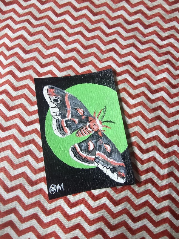 ACEO Original - OOAK Red & Green Acrylic Cecropia Moth - "Christmas In July"