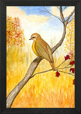 Herbst Vogel auf Ast Aquarell gerahmt Wandbild Poster Leinwanddruck Bild