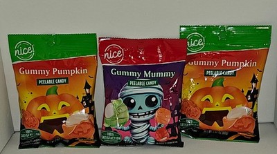 Set of 3 Nice! Gummy (2)Pumpkin and (1)Mummy Peelable Candies, Free Shipping