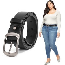 Women Leather Plus Size Belt Black Casual Waist Belt for Jeans Pants with Met...