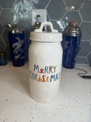 HTF Rae Dunn Merry Christmas Wrapping Motif Rainbow Multicolor Tall Cannister