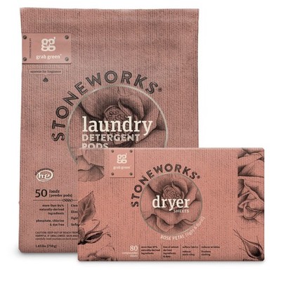 Grab Green Stoneworks Laundry Detergent Pods and Dryer Sheet Bundle (Rose Pet...