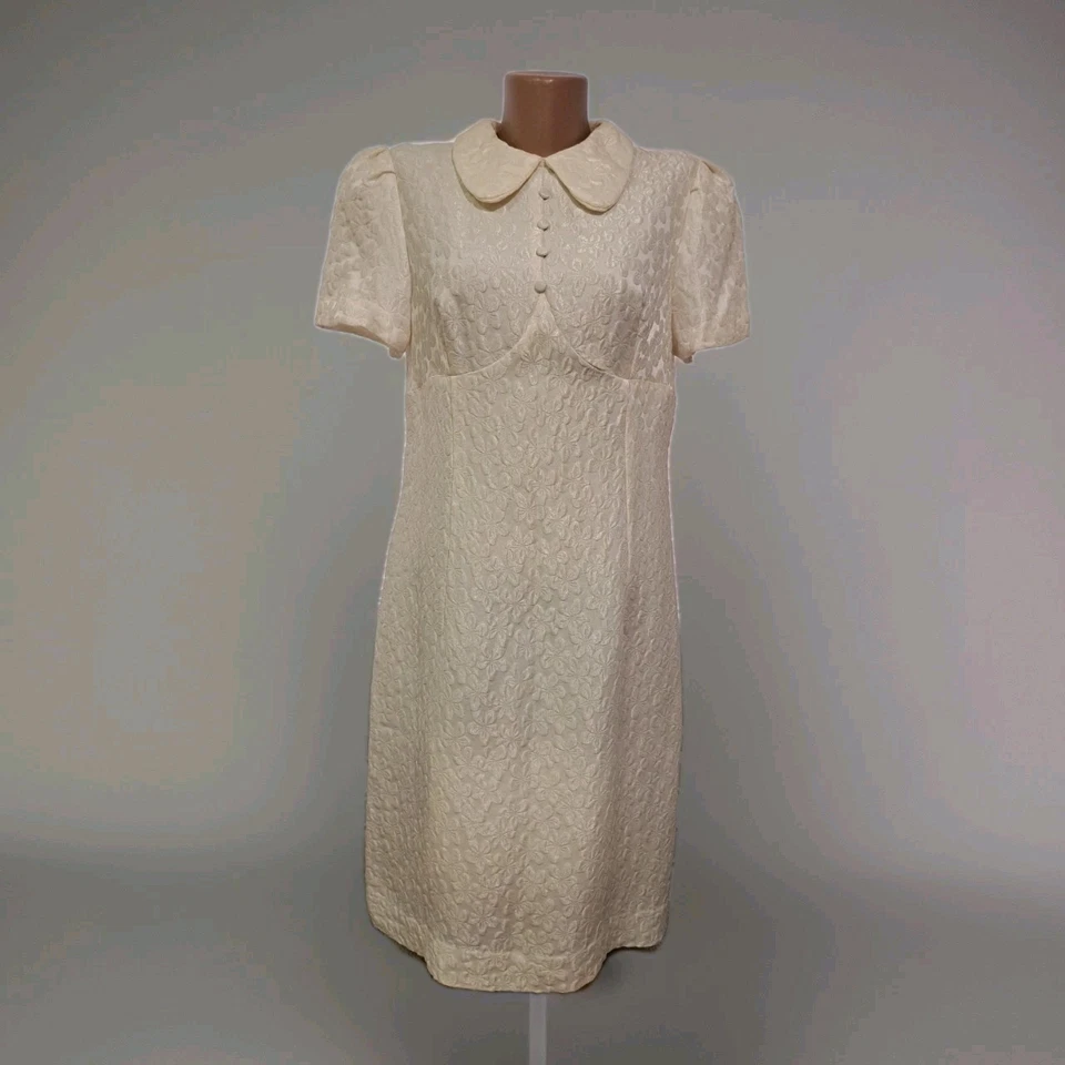 Vintage 1970s DDR White Dress Cream Crimplene Textured Modest Soviet History - Image 2 of 4