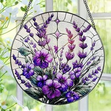 Purple Lavender Stained Glass Suncatcher, Floral Window Hanging Decor,