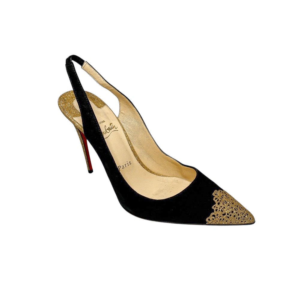 Christian Louboutin — Christian Louboutin Almine 100 Black Gold Slingback Pumps EU 39.5 Stiletto Heels