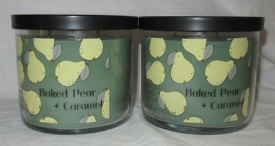 Kirkland's 14.25 oz Jar 3-Wick Candle Natural Wax BAKED PEAR + CARAMEL Lot Set 2