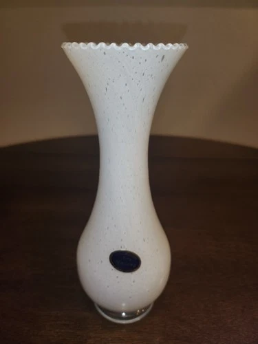 Vtg Blown Lavorazione Arte Murano White Glass with spots, scallop rim Vase Italy