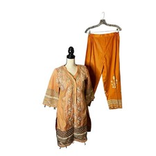 Orange Embroidered Kurta Pants Set Women's V Neck 3/4 Sleeve Embroidered
