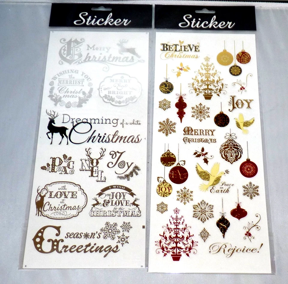 GOLD or SILVER FOILED CHRISTMAS SLOGAN STICKERS - 2 DESIGNS - CARDS, TAGS, CRAFT