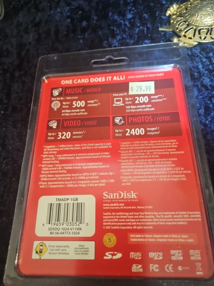 New Sandisk 1 GB Memory Card With Adapters3 in 1 Verizon Wireles Music Photos@k3 - Image 2 of 2