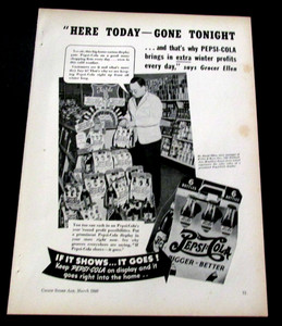 VTG 1940 Pepsi Cola Print Ad 9"x12" Carton Display Man Washington Coffee Ad